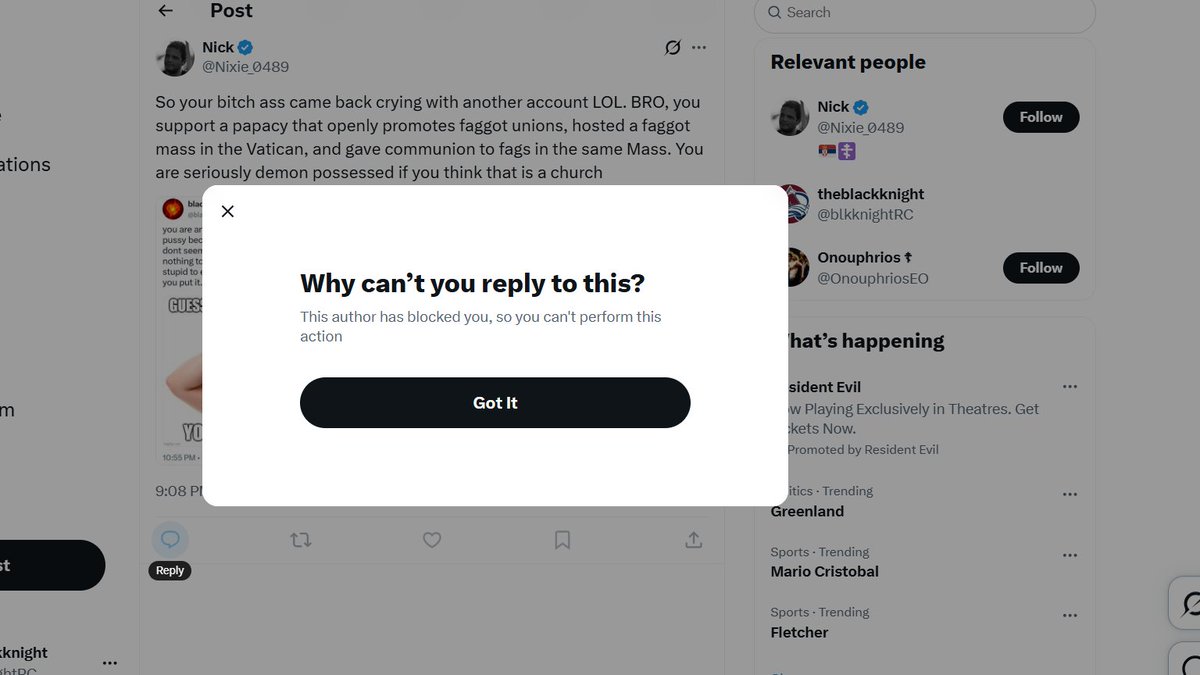 blkknightRC's tweet photo. @OnouphriosEO @CatholicArena looks like crashed out like a bitch.
@Nixie_0489
posting his loss and being called a slur he used. he unblocks and then blocks because he cant handle basic responses. #orthobro #loser #fail https://t.co/rcCXXSY4z8