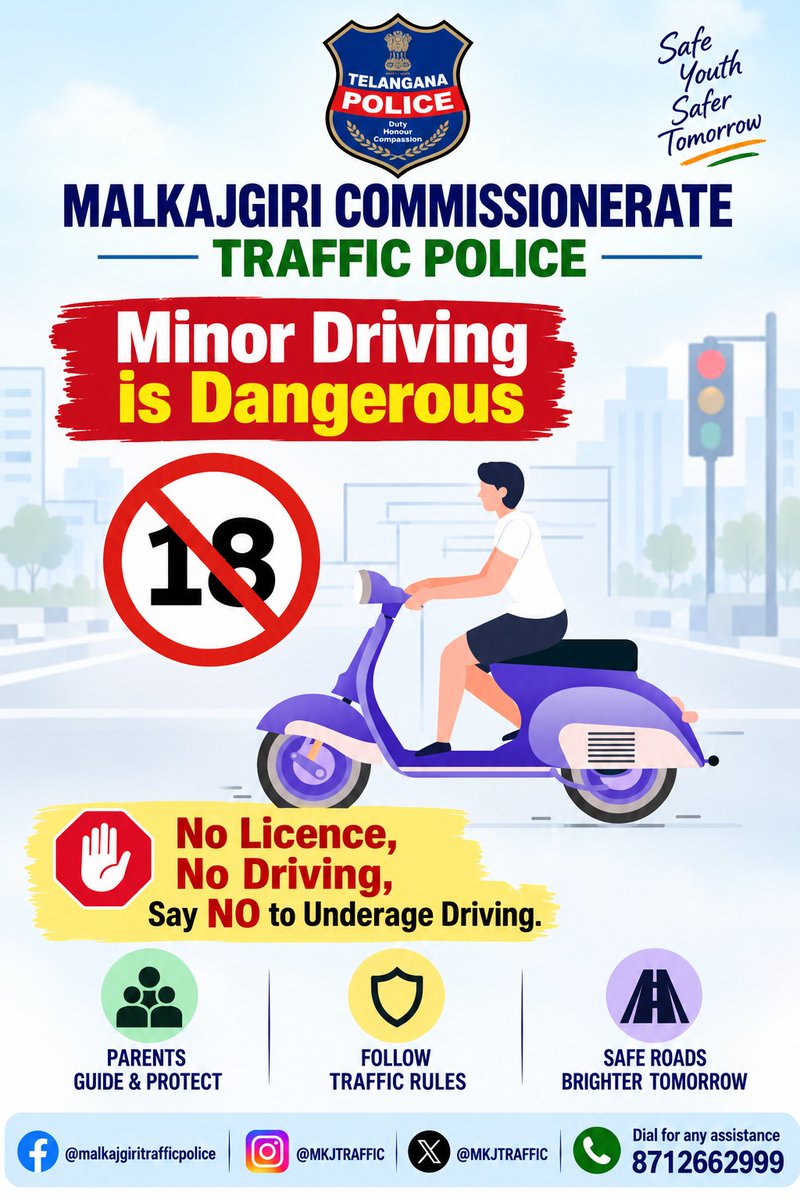 MKJTRAFFIC's tweet photo. “Let Kids Learn, Not Drive. 🚸
No Driving Before Legal Age — Safety First, Future First!”
#MinorDriving #NoMinorDriving #RoadSafety #DriveSafe #TrafficAwareness #TrafficPolice #SafeRoads #RoadSafetyAwareness #ResponsibleDriving #MalkajgiriCommissionerate https://t.co/4JFOTlxB7V