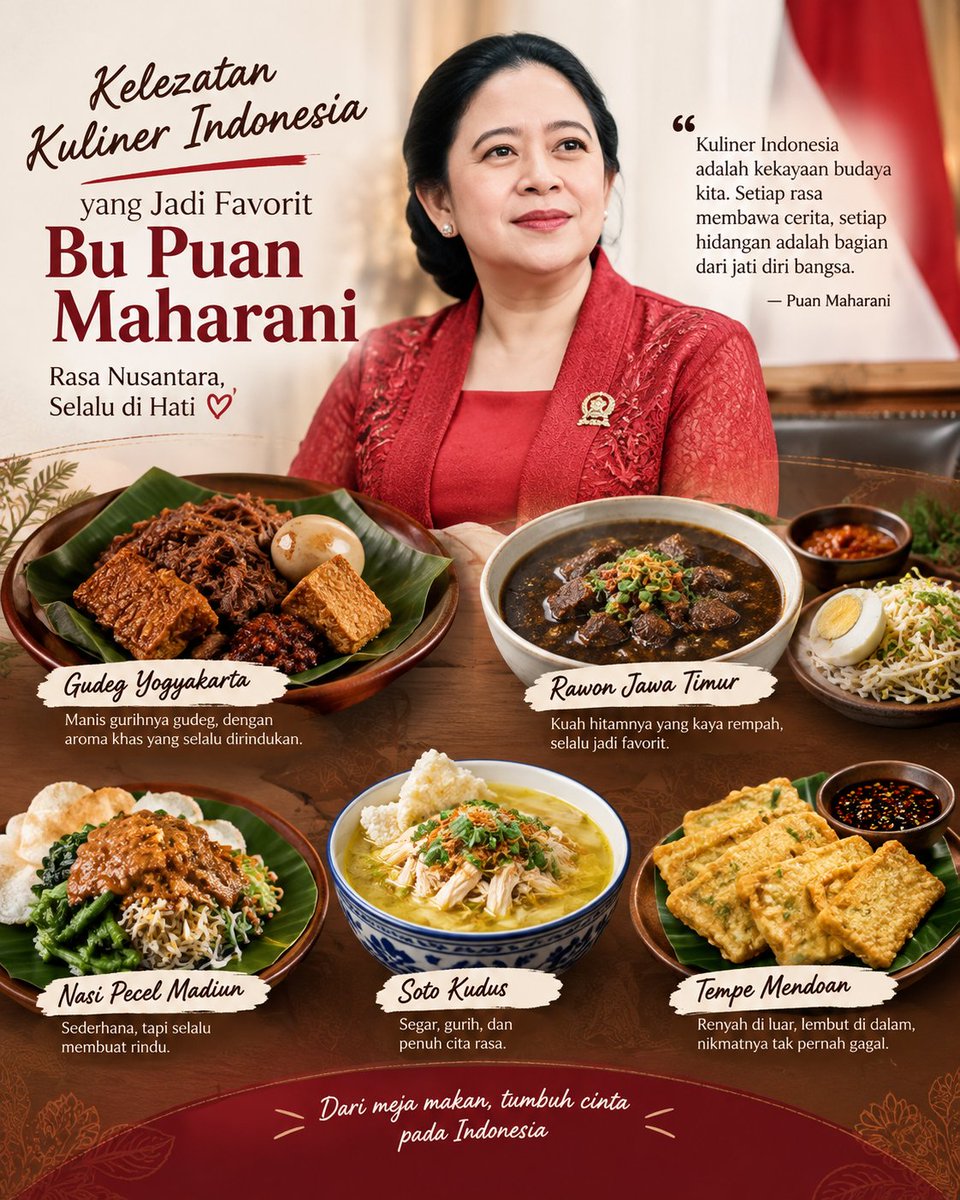 Aldifutuh's tweet photo. 🍽️ Kuliner Indonesia barsama mbak puan, Selalu Punya Cerita
Dari gudeg yang manis gurih, rawon yang kaya rempah, hingga pecel, soto, dan tempe mendoan—kuliner Nusantara bukan sekadar soal rasa.
#PuanMaharani #KulinerIndonesia #KulinerNusantara #MakananIndonesia #CitaRasaIndonesia https://t.co/JzADJy52aQ