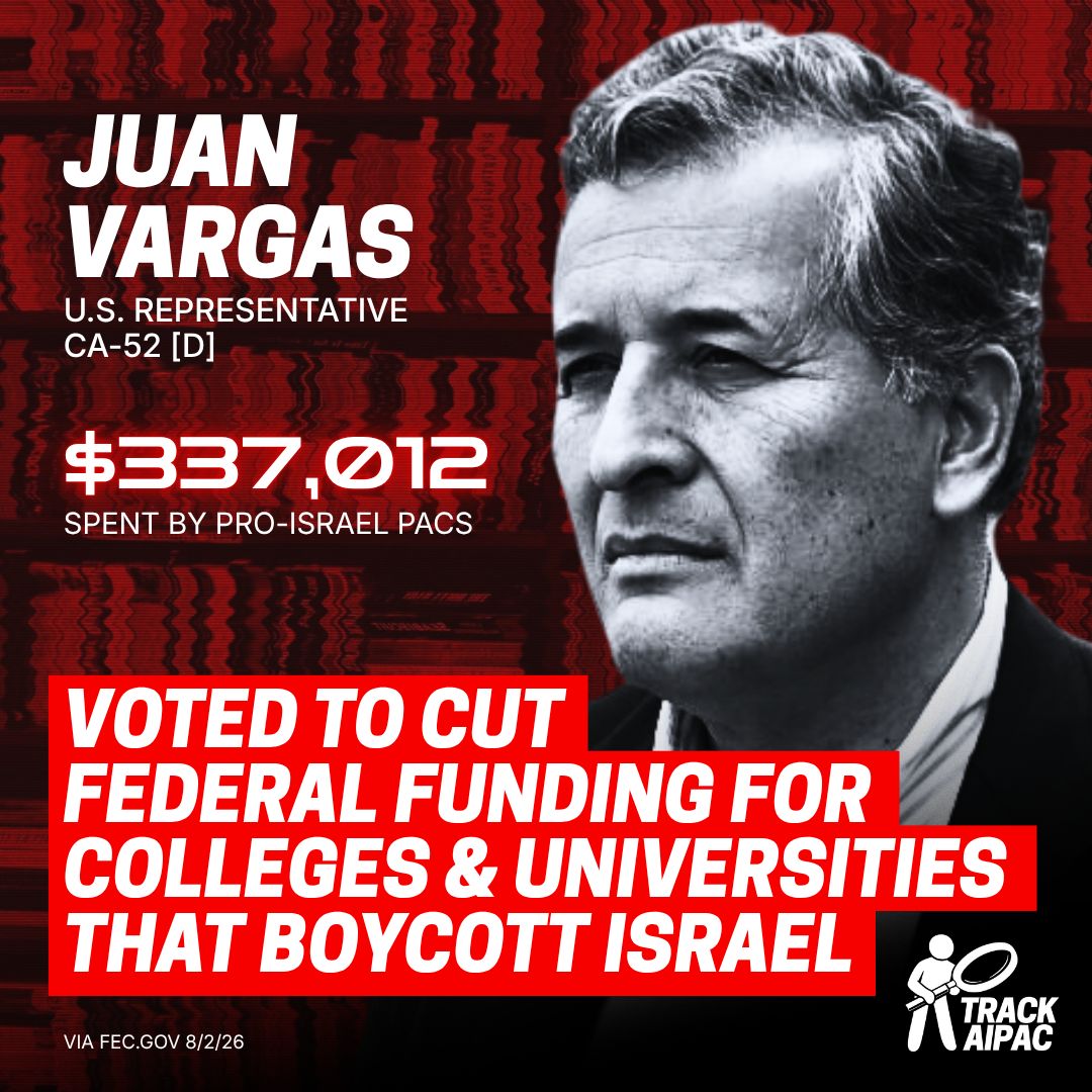 TrackAIPAC's tweet photo. AIPAC's Rep. Juan Vargas supports censorship bills to destroy free speech in America on behalf of Israel. #CA52 https://t.co/pI0HDOljKN