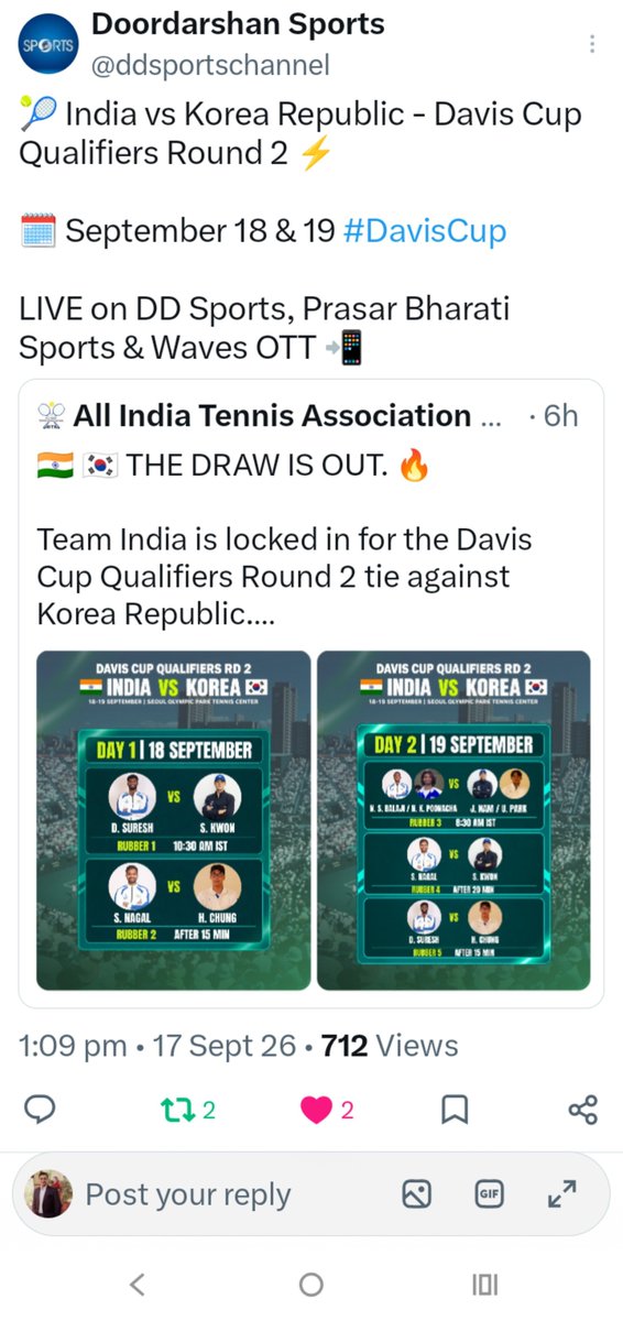 NikLim01's tweet photo. @ddsportschannel @GauravDwivedi95 @navneetsehgal3 @pragyapgaur @akashvanisports @DrLMurugan @freedish_dd @WAVES_OTT @oyeekd @AkashvaniAIR @prasoonjoshi_ @GauravDwivedi95 No coverage of #KORvIND #DavisCup Like day 1, Day 2 also not shown.
Pathetic guys managing sports
No remorse no APOLOGY RESIGN CEO.
Nahi jamta toh resign karo
@WAVESOTT YT Feed removed DAY 1
By law u should get this coverage of 🎾
🏏 ka aisa karte ho kya https://t.co/PKv3Fwer4V