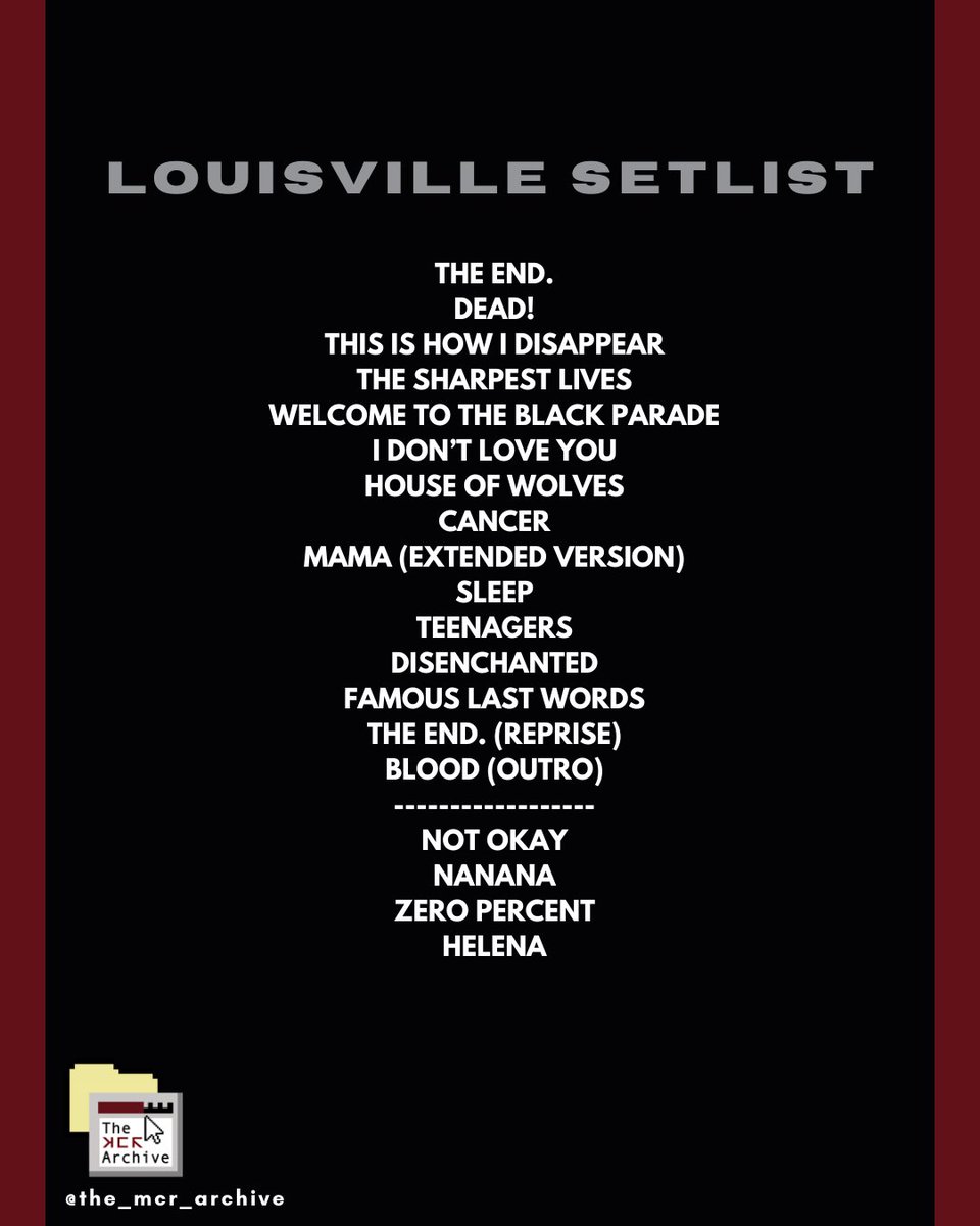 The_MCR_Archive's tweet photo. THE OFFICIAL SETLIST FOR #MCRLTL! 

See you October 1 for #MCRAFTERSHOCK! https://t.co/uCTyKtR2xE