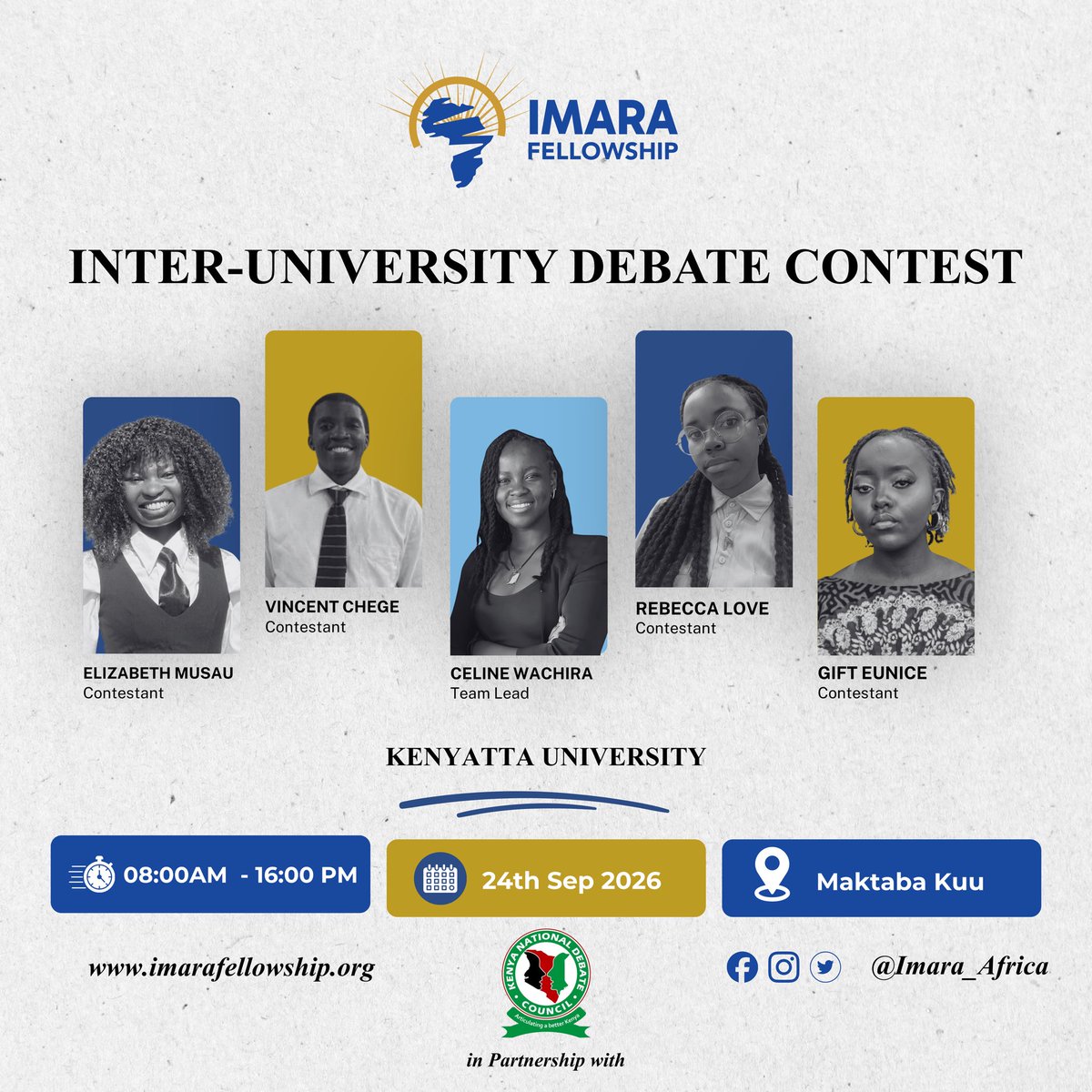 Imara_Africa's tweet photo. And now, ladies gentlemen; OUR INTER UNIVERSITY DEBATE CONTESTANTS!
Introducing team Kenyatta University!
#university
#KenyattaUniversity #UniversityStudents https://t.co/fcdYjCWb2g