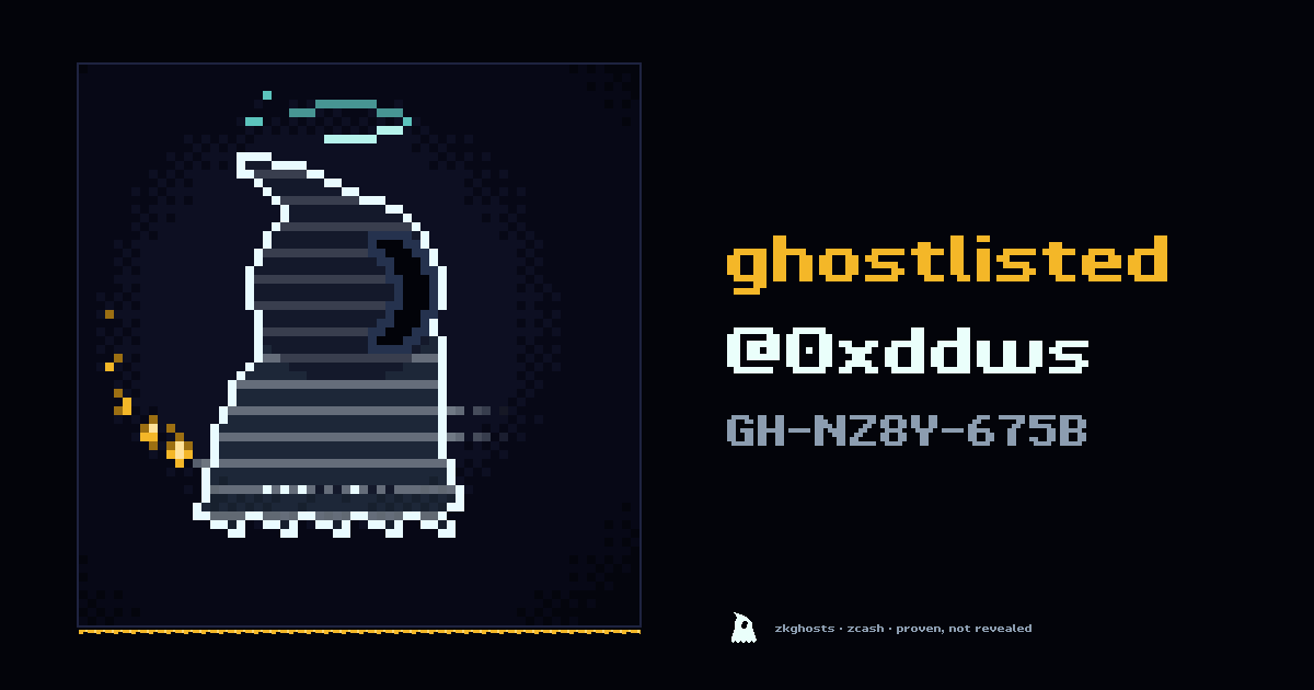 zkghostlist's tweet photo. @0xddws is ghostlisted.

Proven. Not revealed.

note GH-NZ8Y-675B https://t.co/olHsy63vkw
