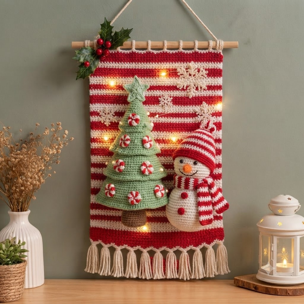 YarnandYield's tweet photo. Christmas Crochet Wall Hanging | YarnAndYield
Create a festive wall hanging with a 3D Christmas tree, adorable snowman, snowflakes &amp; peppermint ornaments.

Perfect for cozy holiday décor or handmade gifts!

Instant Download:
https://t.co/zrDYe5kXFx

#ChristmasCrochet #CrochetWall https://t.co/EDwRkhpNOM