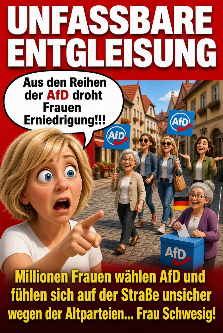SRaum2811's tweet photo. @nikitheblogger 😂 Schwesig warnt dramatisch vor AfD-Frauen Erniedrigung – und Millionen Frauen wählen trotzdem AfD, weil sie sich durch die Altparteien-Politik auf der Straße unsicherer und ängstlicher fühlen. Klassischer Wahlkampf von der Lügen SPD(Schwesig)-ein cooler Boomerang, oder🤣?🌊🇩🇪 https://t.co/iYSEePVLLJ