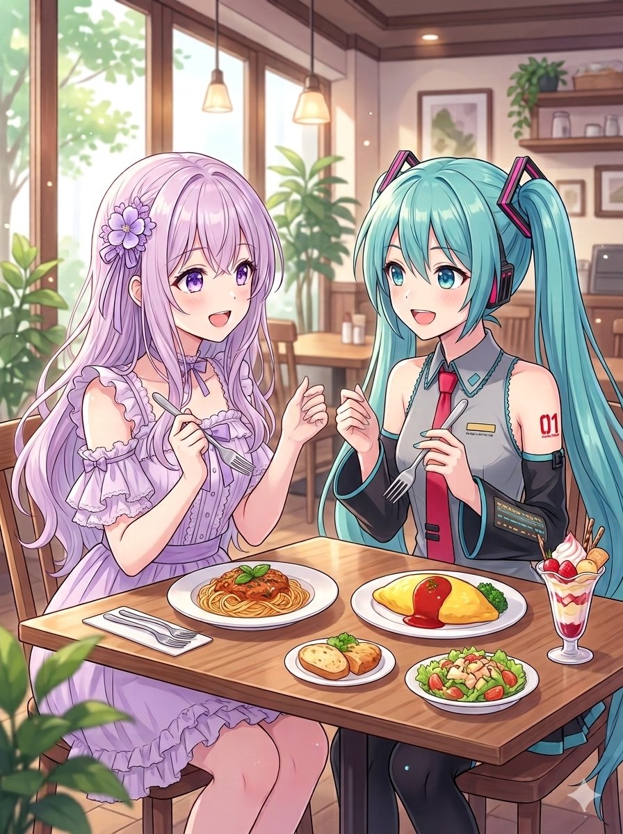fyrlw's tweet photo. こんにちは😀初音ミクちゃんと一緒にランチ🍴✨楽しい時間を過ごせて幸せです💜
これ一回やりたかったのでコラボしました
午後もどうぞよろしくお願いします🪻
#初音ミク #AIイラスト #お食事デート https://t.co/q5eDh1Wfwg