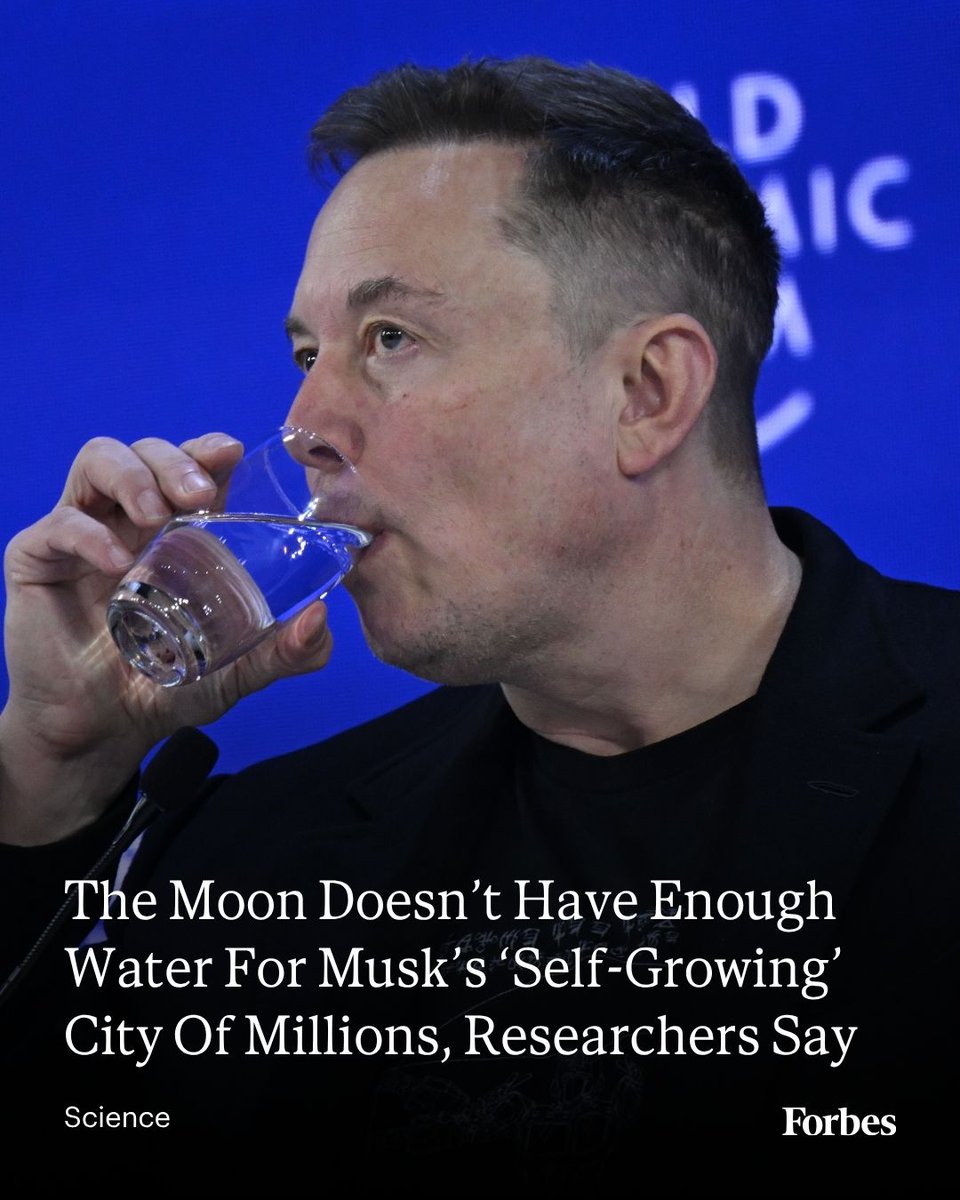 Forbes's tweet photo. A new research paper published in the Frontiers in Space Technologies journal found that the water present on the moon is only capable of sustaining a large city there for about 100 years—casting doubt on Elon Musk’s plans for building a “self-growing” city of millions of lunar settlers.
Read more: https://t.co/SIpsQiUY2f
📸: Harun Ozalp/Anadolu via Getty Images
