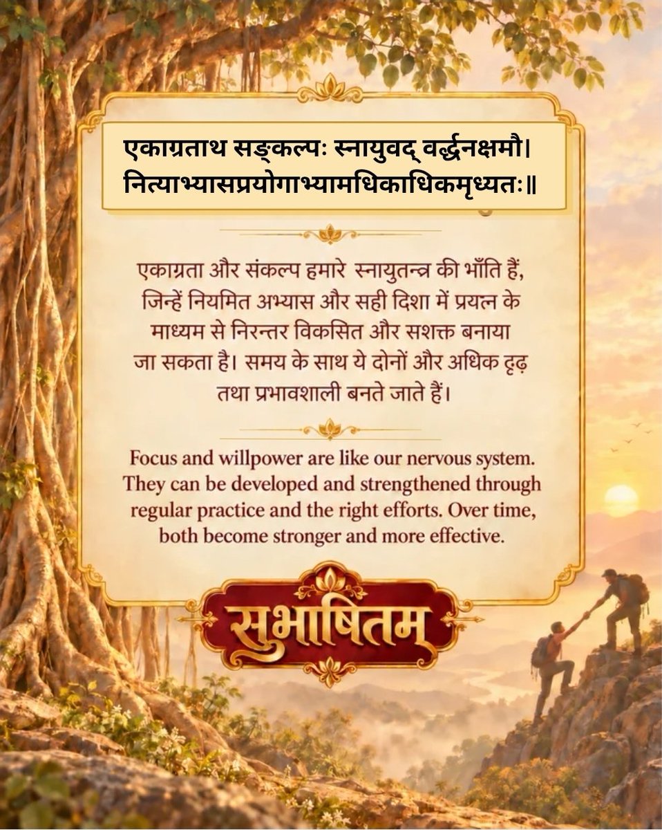 MyGovSanskrit's tweet photo. एकाग्रताथ सङ्कल्पः स्नायुवद् वर्द्धनक्षमौ।
नित्याभ्यासप्रयोगाभ्यामधिकाधिकमृध्यतः॥
#MorningMusings
#MorningMotivation
#Subhashitani https://t.co/MZ4cHkEjsL