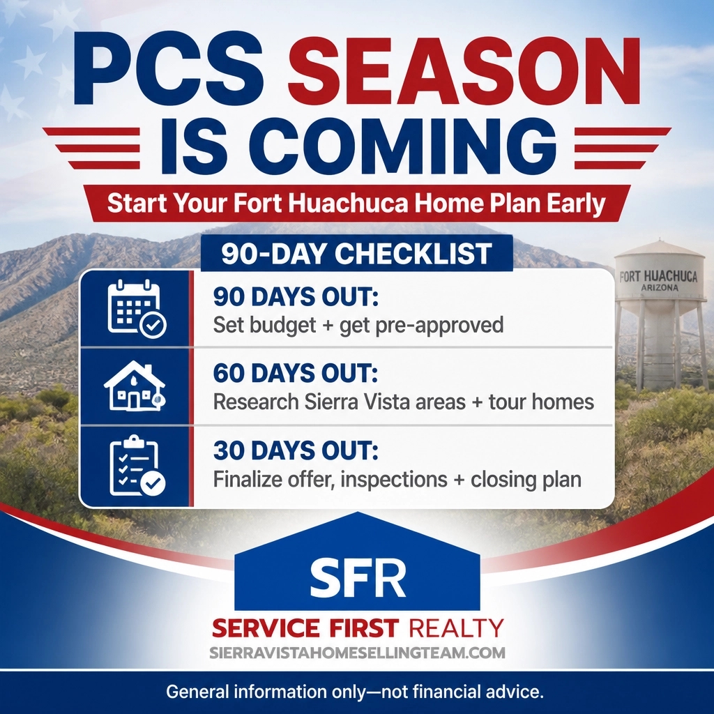 scarface643's tweet photo. PCS season is coming! Moving to Fort Huachuca? Start your 90-day plan early: budget + pre-approval, Sierra Vista research + tours, then offers, inspections &amp; closing. General info( not financial advice.) https://t.co/5anpWEtzW3
