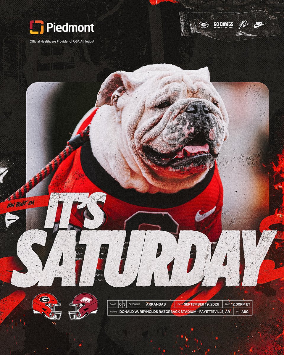 UGAAthletics's tweet photo. It's Saturday!

Kickoff is set for Noon on ABC.

#GoDawgs | @PiedmontHealth https://t.co/UfSGZkFD1L