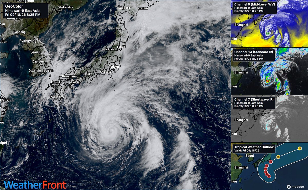 PugetStormWatch's tweet photo. @WxFront continues to impress! This is an example of their five-panel view of Typhoon Dujuan. This typhoon may have a downstream effect on our weather here in the PNW, so it's worth talking about! #weatherfront https://t.co/CxVzpBu9N3