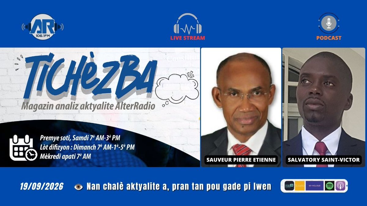 AlterPresse's tweet photo. Pou pale sou konjonkti politik la ak pwosesis elektoral la, #TiChezBa ap resevwa pwofesè Sauveur Pierre Étienne, ki nan Mouvman ayisyen pou sovtaj nasyonal (MOHSANA) ak Salvatory Saint-Victor, dirijan Fwòm 9 nan gwoupman politik ki angaje nan demach eleksyon. https://t.co/f6QmbTKIAt