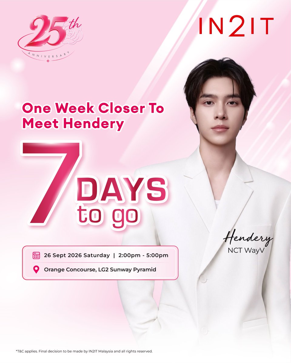 in2it_cosmetics's tweet photo. 🚨 BREAKING NEWS — ONLY 7 DAYS LEFT! 🚨
Haven't joined the IN2IT Meet &amp; Greet contest yet? 👀
Grab your last chance to see Hendery in Malaysia! 🥹✨
.
#IN2ITMalaysia #IN2ITCosmeticsMY #IN2IT25thAnniversary #25YearsofBeautyAndLove #IN2ITXHendery https://t.co/nx9ARJINuk