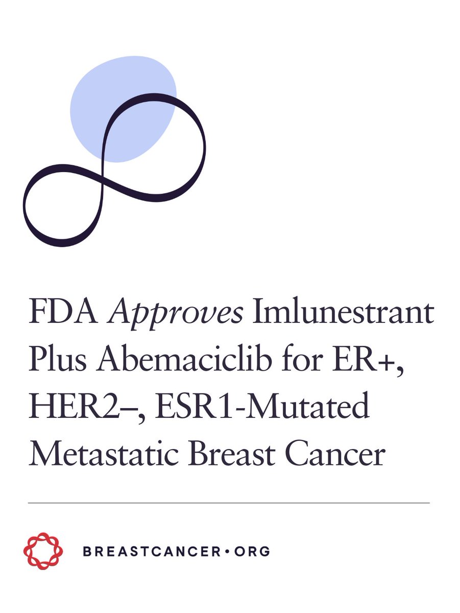 Breastcancerorg's tweet photo. A new treatment combination is now FDA-approved for certain people with metastatic breast cancer.
On September 18, 2026, the FDA approved imlunestrant plus abemaciclib (Verzenio) for certain ER-positive, HER2-negative, ESR1-mutated advanced or metastatic breast cancers that have progressed after hormonal therapy. The decision follows results from the phase III EMBER-3 trial.

🔗 Read more about the EMBER-3 trial here: https://t.co/eE16cYuWsw

#metastaticbreastcancer #breastcancer #breastcancerresearch #FDA