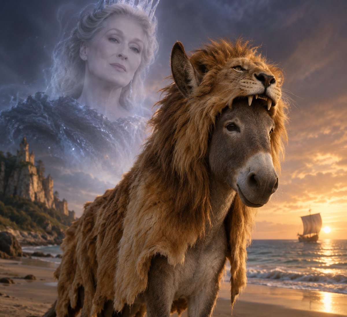 EmilioYitzhak's tweet photo. De forma profética, CS Lewis, en su último libro de Narnia (La última batalla), nos presenta a un simio que utiliza a un burro disfrazado de Aslan para someter a los narnianos bajo los carlomenos (musulmanes versión Narnia) y llevarlos a adorar a un demonio llamado Tash.

Sí, CS Lewis profetizó al simio llamado Greta Gerwig y al burro llamado Meryl Streep.