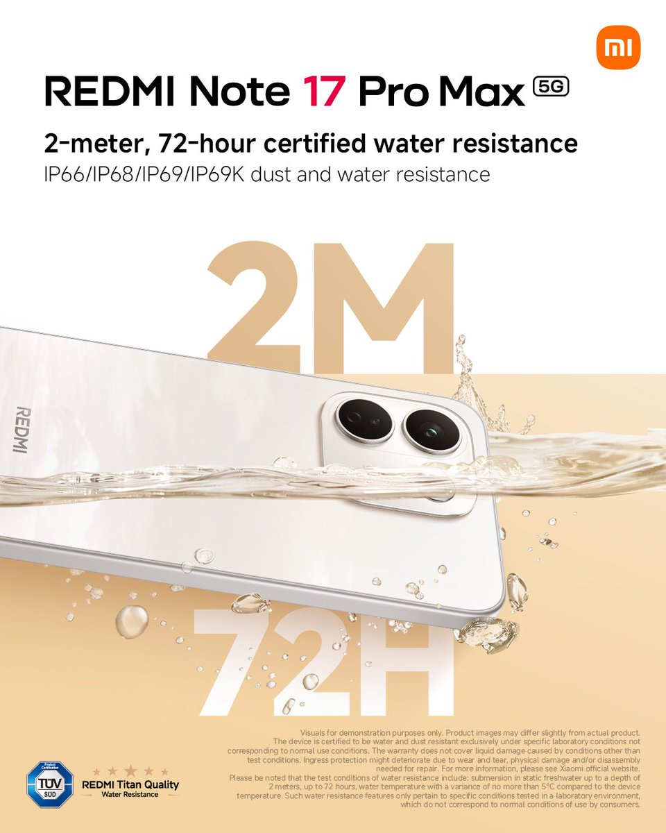 XiaomiIndonesia's tweet photo. Most phones can survive a few water drops. This one survives the tough challenges. 💧

#REDMINote17ProMax5G hadir dengan ketahanan air hingga 2 meter selama 72 jam, plus perlindungan IP66, IP68, IP69, dan IP69K. Pastinya #AlwaysReady buat nemenin di segala kondisi!

Yuk, experience sekarang juga di Official Store Xiaomi Indonesia atau partner resmi kami lainnya! 

#REDMINote17SeriesID
#TITANPowerGoMax
#XiaomiIndonesia
