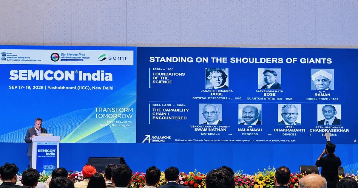 SEMIIndia's tweet photo. Ideas and inspiration know no borders.

Chuck Mattera, Founder & CEO, Avalanche Thinking, opened the Leadership Forum: Industry Synergy for National Priorities – Compound Semiconductors in the Cognitive Age by reflecting on the Indian scientists who inspired him, along with Indian-origin individuals in the US who shaped his thinking.

A great start of day 3 with personal perspective setting the stage for a broader conversation on the future of compound semiconductors.

#SEMICONIndia2026 #Indiaspensable #SiliconToSystems