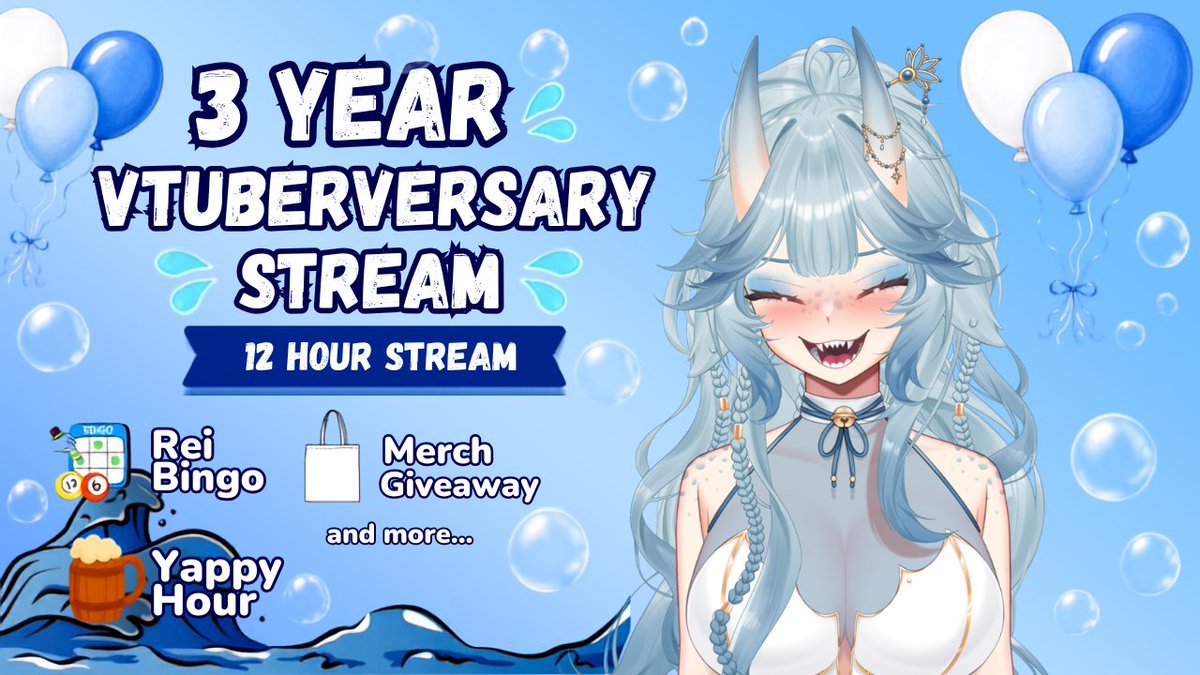 FireOniRei's tweet photo. 📢TODAY'S THE DAY 

3 YEAR, 12 HOUR CELEBRATION STREAM HAPPENING AT 10AM MDT!!! 🌊✨

🫧Yappy Hour
🫧Bingo 
🫧Merch Giveaway &amp;  more! 

Link Below ↓ https://t.co/lIbvPkk3Km