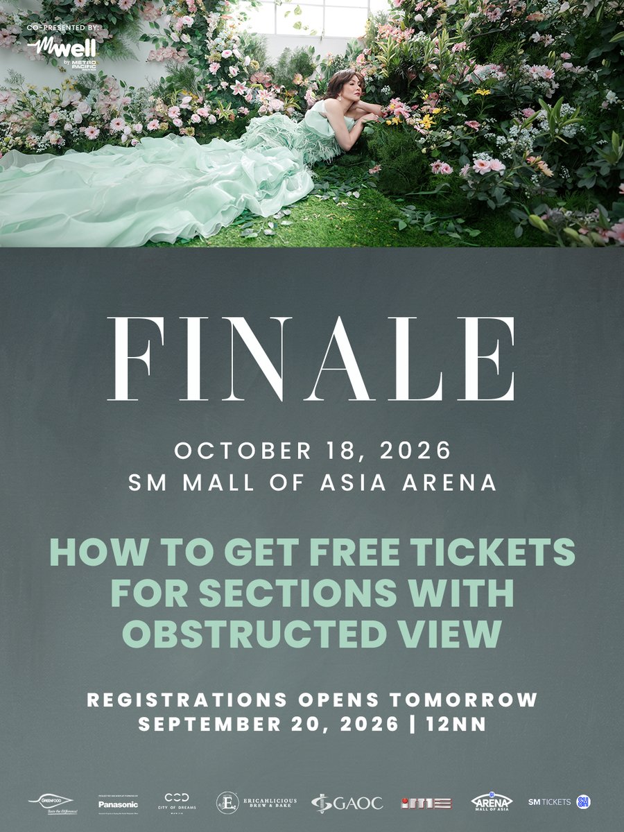 iMusicEnt_Inc's tweet photo. F I N A L E

October 18, 2026 | 8:00PM
SM Mall of Asia Arena (@moaarena)

Additional Sections with OBSTRUCTED VIEWS added for the October 18 free concert. Registration starts TOMORROW, September 20, 2026 | 12NN via https://t.co/7Va1ZfSIFC and SM Ticket outlets.

Follow @iMusicEnt_Inc  and Official SM Ticket channels for further details.

#RVAFinaleConcert