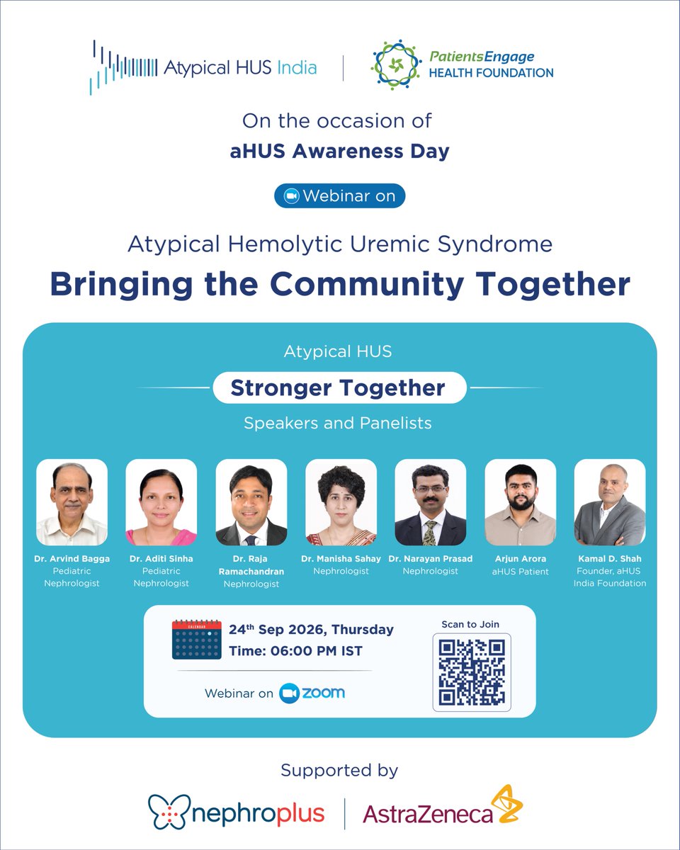ahusindia's tweet photo. A webinar with some stellar speakers is being organised on #aHUSAwarenessDay,September 24th at 6 PM IST. The webinar will cover some very important topics. @aHUS24Sept @aHUSAllianceAct @cTMAGlobal @raja_1980 @drmanishasahay @Narayansgpgims @PatientsEngage @nephroplus @AstraZeneca https://t.co/RvF2ltwjvy