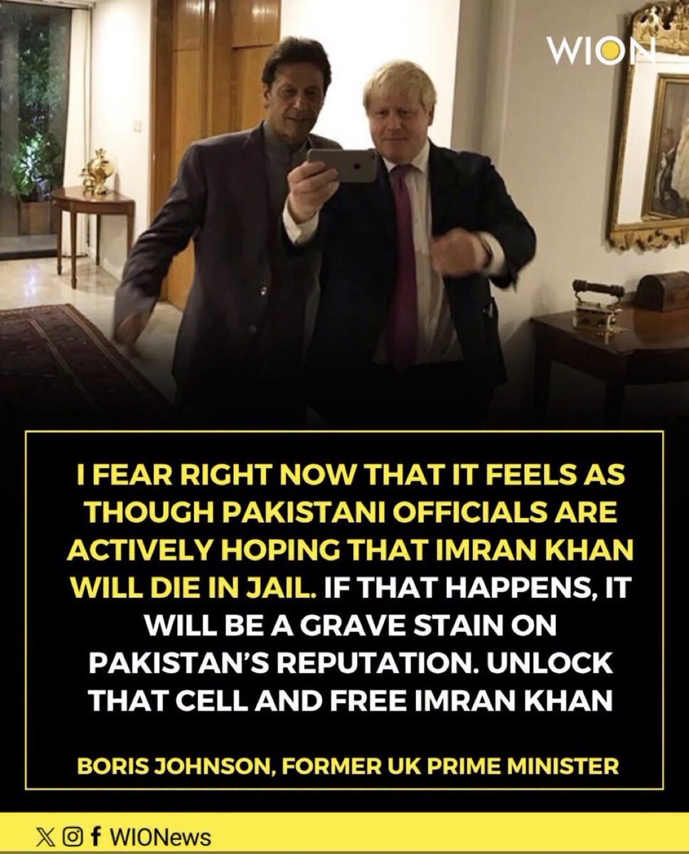 FrankfurtPK's tweet photo. “I fear right now that it feels as though Pakistani officials are actively hoping that Imran Khan will die in jail. If that happens, it will be a grave stain on Pakistan’s reputation. Unlock that cell and free Imran Khan.”

@BorisJohnson
Former UK Prime Minister​​​​​​​​​​​​​​​​​​​​​​​​​​​​​​​​​​​​​​​​​​​​​​​​​​

Sir, it’s not simply “Pakistani officials.” @ImranKhanPTI himself has repeatedly identified General Asim Munir and explicitly warned that he should be held responsible if anything happens to him.

As @ImranKhanPTI stated:

“If anything happens to me or my wife, General Asim Munir will be responsible.”

#PakistanUnderMilitaryFascism 
#ReleaseImranKhanNow

Credits @justiceoflord