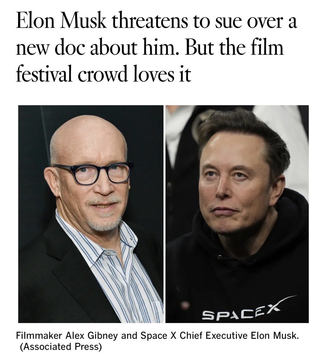 TheFinalTsunami's tweet photo. Elon doing all he can to keep voices silent. Just like on X.

“Elon Musk's legal team has threatened a defamation lawsuit against Oscar-winning filmmaker Alex Gibneyover his sprawling, four-hour documentary titled Musk.”

https://t.co/BbTF8HJmE2 https://t.co/dz4svesoAO