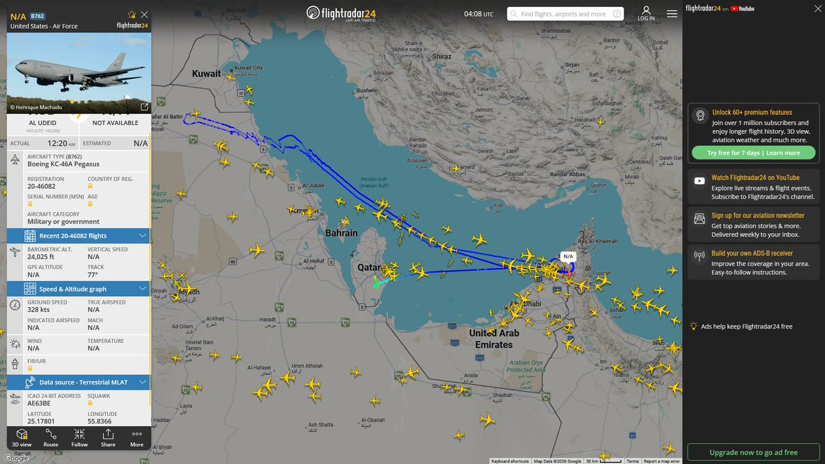 AIYeyENGDdJkjTr's tweet photo. Sept. 19, 2026
#Al-Udeid Air Base ==> #Musandam Peninsula
#NoCALLSIGN #AE63BE USAF KC-46A Pegasus
#NoCALLSIGN #AE63BF USAF KC-46A Pegasus
#Al-Udeid Air Base ==> #Gulf of Oman
#NoCALLSIGN #AE63C7 USAF KC-46A Pegasus
#NoCALLSIGN #AED555 USAF KC-46A Pegasus
#NoCALLSIGN #AE5FA8 USAF KC-46A Pegasus