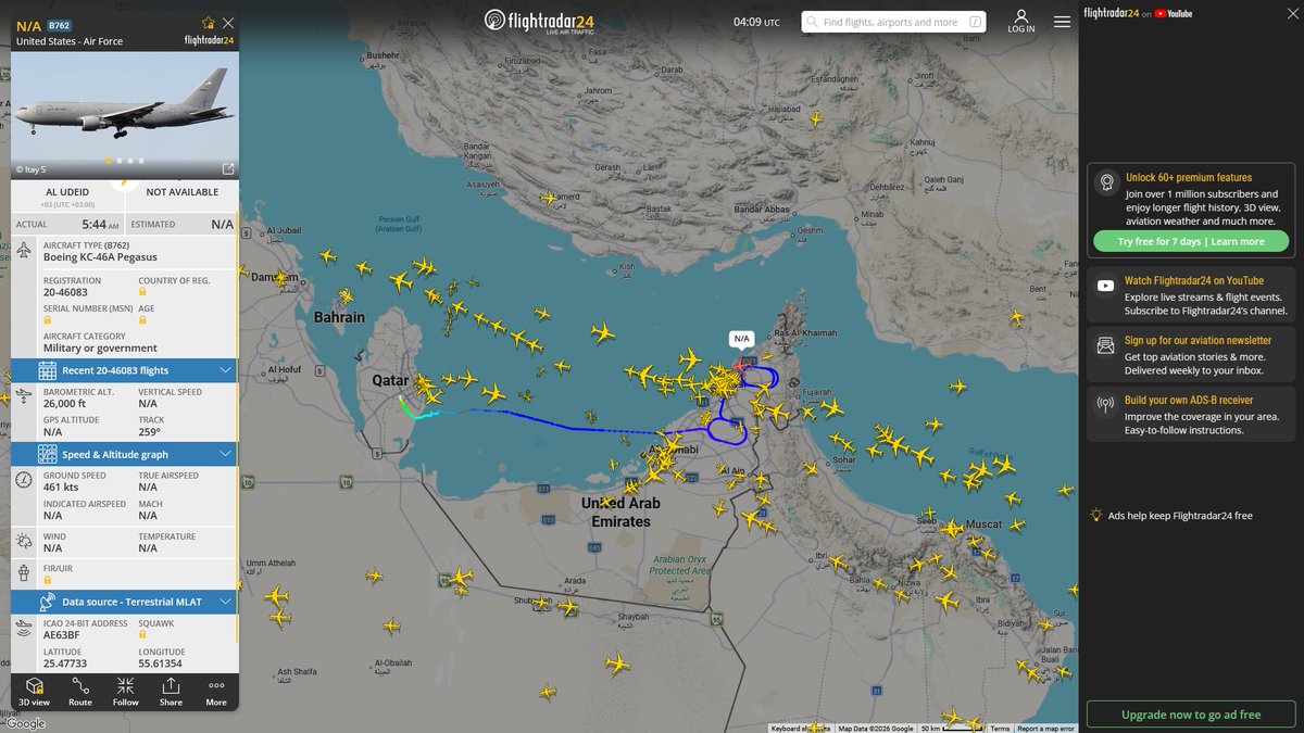 AIYeyENGDdJkjTr's tweet photo. Sept. 19, 2026
#Al-Udeid Air Base ==> #Musandam Peninsula
#NoCALLSIGN #AE63BE USAF KC-46A Pegasus
#NoCALLSIGN #AE63BF USAF KC-46A Pegasus
#Al-Udeid Air Base ==> #Gulf of Oman
#NoCALLSIGN #AE63C7 USAF KC-46A Pegasus
#NoCALLSIGN #AED555 USAF KC-46A Pegasus
#NoCALLSIGN #AE5FA8 USAF KC-46A Pegasus