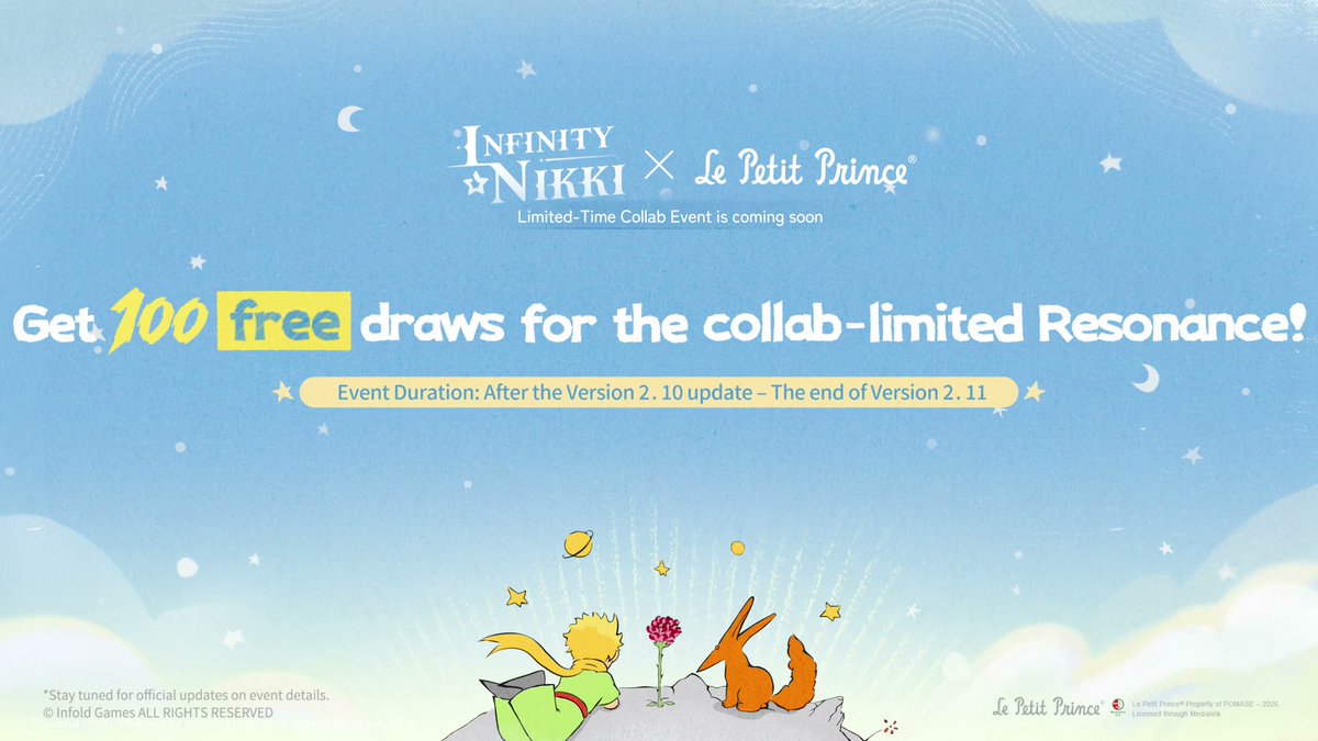 WhisperingNikki's tweet photo. ♾Infinity Nikki Version 2.10 "The Feather of Justice"
Infinity Nikki × Le Petit Prince

Get 100 FREE draws for the collab-limited Resonance!

Limited-Time Collaboration Coming Soon! ✨
#InfinityNikki #无限暖暖 #無限暖暖 #인피니티니키 #インフィニティニキ https://t.co/ZDTxQy0Unt