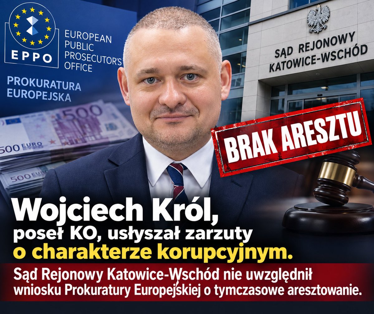 Szafarowicz2001's tweet photo. Sąd Rejonowy Katowice-Wschód odrzucił wniosek o tymczasowy areszt dla posła KO Wojciecha Króla.

Układ wciąż trzyma się mocno, a ordynarna korupcja nie eliminuje z życia publicznego 🥲 Takie anty-standardy moralne wzięła na sztandary i utrwala ekipa Tuska. https://t.co/NDjoCaszXE