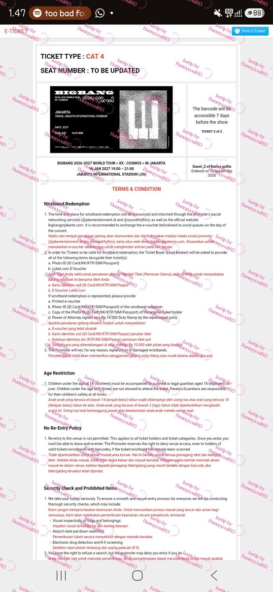 bunnyyou_id's tweet photo. WTS BIGBANG COSMOS WORLD TOUR
✅ Cat 4 presale weverse
✅️ Rp 3.350.000
✅️ ini buat yg percaya aja, jgn yg ribet kalo mau langsung cod disenayan atau bintaro
📮Minat bisa DM ig : bunnyyou1813
#BIGBANG #COSMOS_WORLDTOUR #COSMOS_WORLD_TOUR_IN_JAKARTA #BIGBANG_IS_BACK https://t.co/pFcGnFL0Kd