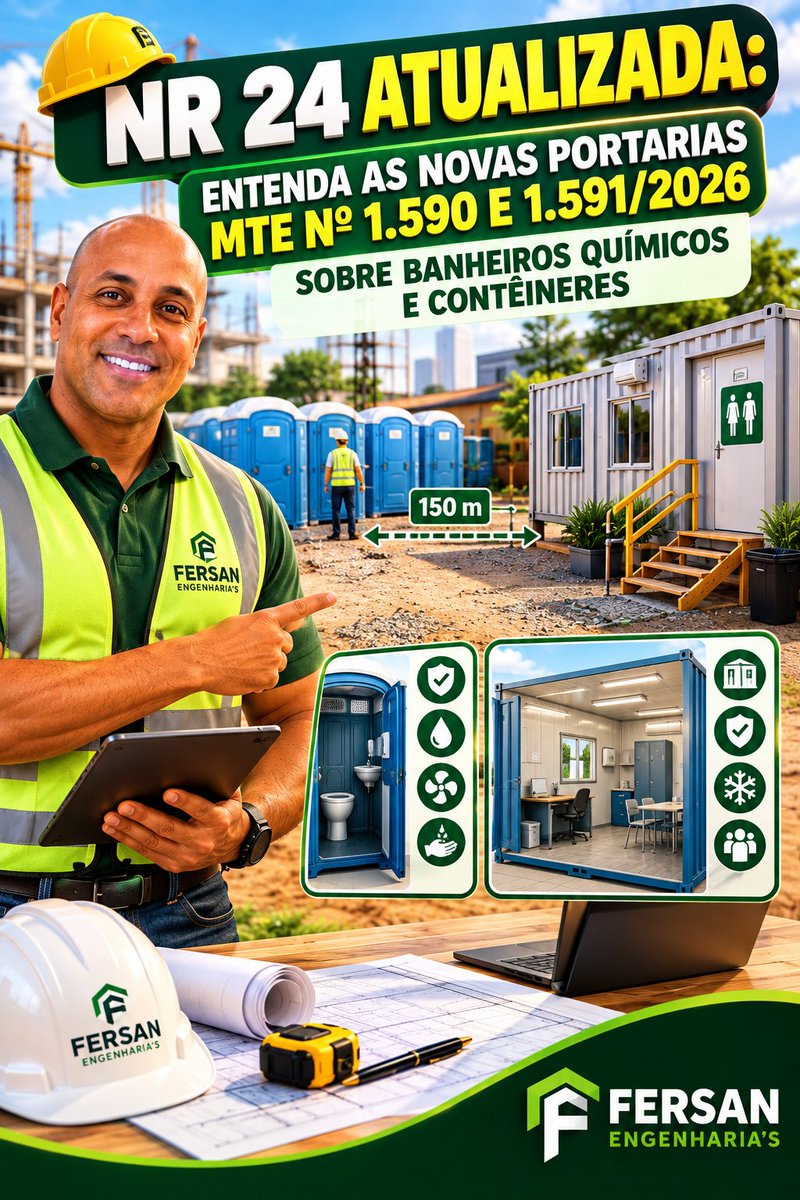 FersanAlex's tweet photo. 🚧🚻 NR 24 ATUALIZADA: ENTENDA AS NOVAS PORTARIAS MTE Nº 1.590 E 1.591/2026 SOBRE BANHEIROS QUÍMICOS E CONTÊINERES
Por: Alex Fersan 

https://t.co/xJv9MKRCiq https://t.co/EUB6iMcsRI