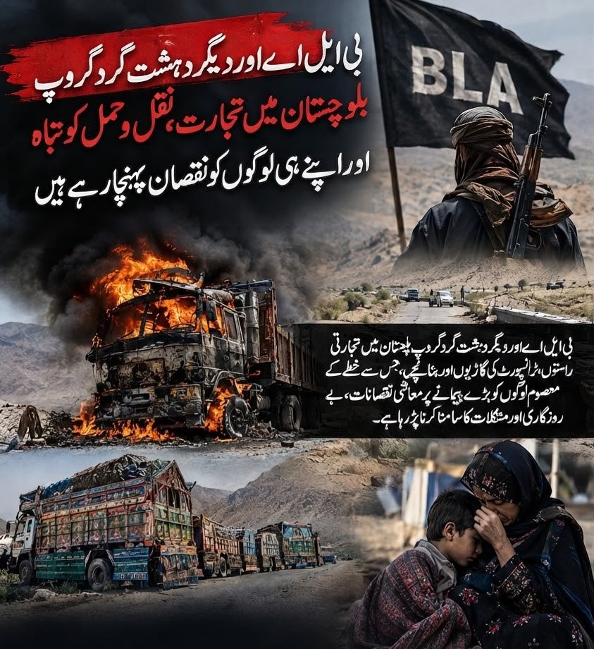 ZaraBugti's tweet photo. دہشت گردی کی قیمت عوام ادا کرتے ہیں!
بلوچستان میں بی ایل اے جیسے کالعدم گروہوں کے ٹرکوں اور اہم شاہراہوں پر حملوں سے تجارت،نقل و حمل اور روزگارمتاثر ہوئے ہیں۔ گاڑیوںوانفراسٹرکچر کو نقصان اورسپلائی میں رکاوٹ کا براہِ راست بوجھ عوام پر پڑتا ہے۔
#Balochistan #BLA #SecureOurHighways https://t.co/0EskPHBOws