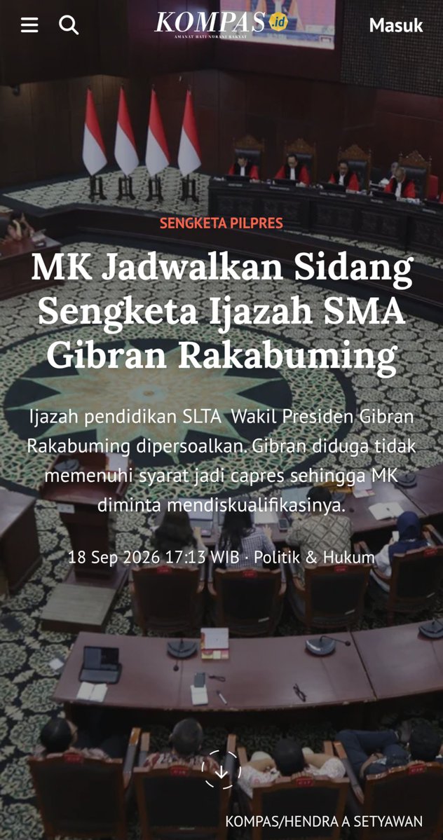 arifbalikpapan1's tweet photo. MK Jadwalkan Sidang Sengketa Ijazah SMA Gibran Rakabuming

Senin, 21 September 2026, pukul 19.00 WIB.

Ijazah pendidikan SLTA  Wakil Presiden Gibran Rakabuming dipersoalkan. 
Gibran diduga tidak memenuhi syarat jadi capres sehingga MK diminta mendiskualifikasinya. https://t.co/zP6MGsZnvb