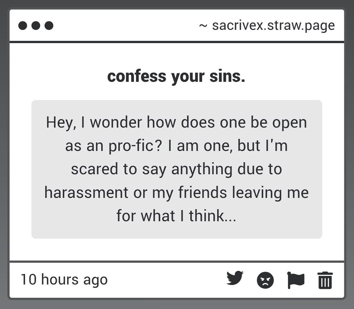 sacrivex's tweet photo. if you're worried about losing friends over your views on fictional content, i believe the people worth keeping around should be capable of understanding that your opinions on fiction aren't a moral statement about who you are as a person, https://t.co/tJDpcA2EBr