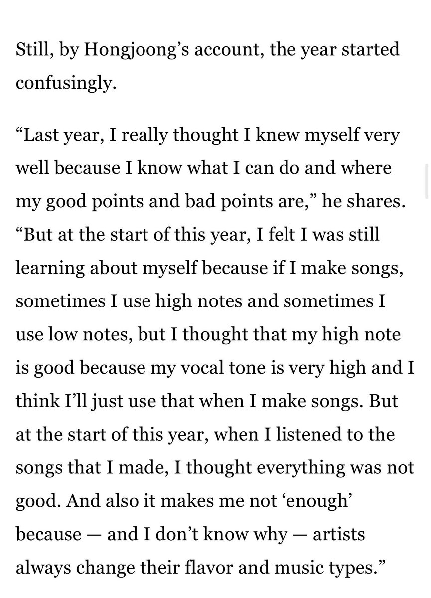 babychaes's tweet photo. if you read through the whole interview, you’ll know that hj talks about feeling lost musically at the beginning of the year, and how writing ‘enough’ was like a love letter to himself after feeling lacking almost his whole life— he’s finally slowing down to look around him and see that he already has and he’s already been enough, and those are words he wants to convey to people feeling the same way too ❤️‍🩹

then he goes on to say how the song could be interpreted as a love song, and he doesn’t mind because it is! it’s a love song to himself, to his craft, to ateez, to atiny, to a girl, or to another person. ‘enough’ isn’t about any specific person or thing, but that’s the whole message of his song— that the things and people we already have around us, our love for them and the love we receive back, is already more than enough 🫳🏼