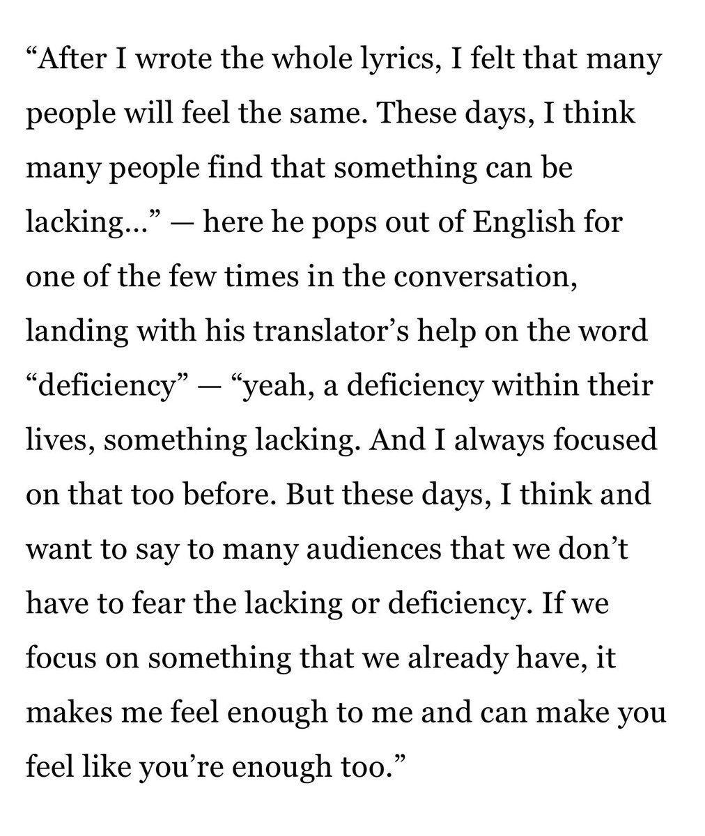 babychaes's tweet photo. if you read through the whole interview, you’ll know that hj talks about feeling lost musically at the beginning of the year, and how writing ‘enough’ was like a love letter to himself after feeling lacking almost his whole life— he’s finally slowing down to look around him and see that he already has and he’s already been enough, and those are words he wants to convey to people feeling the same way too ❤️‍🩹

then he goes on to say how the song could be interpreted as a love song, and he doesn’t mind because it is! it’s a love song to himself, to his craft, to ateez, to atiny, to a girl, or to another person. ‘enough’ isn’t about any specific person or thing, but that’s the whole message of his song— that the things and people we already have around us, our love for them and the love we receive back, is already more than enough 🫳🏼