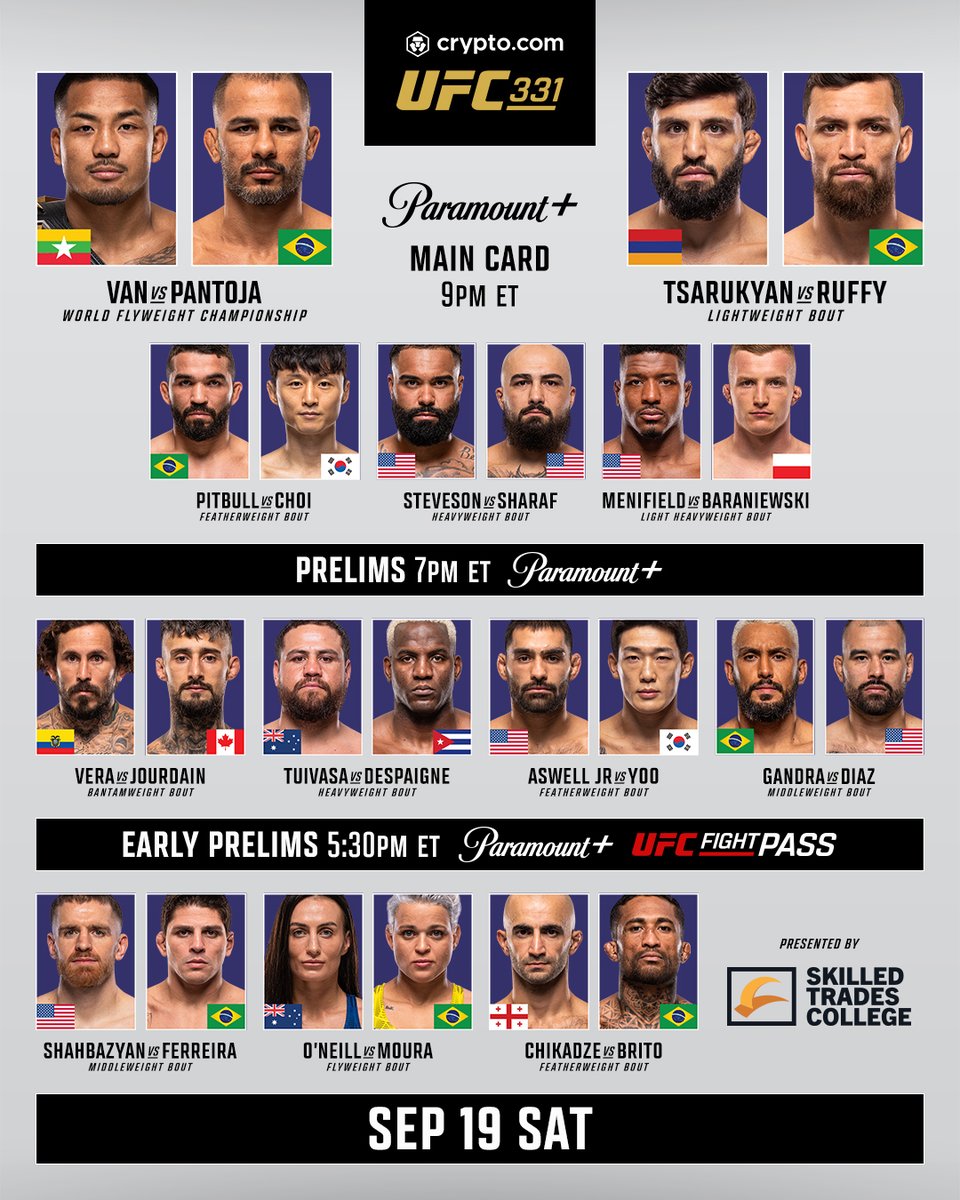 LIGHTS, CAMERA, ACTION 🎬
 
The #CryptoCom #UFC331 Fight Card is here!
 
[ B2YB: @​STC_Canada | LIVE SEP 19 | 9pmET on @​ParamountPlus ] 
 [📷](https://pbs.twim