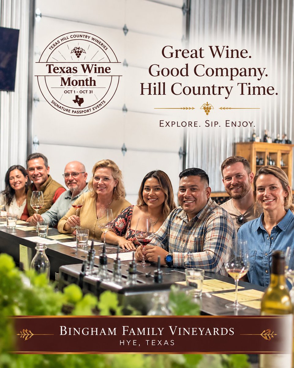 BinghamVineyard's tweet photo. Good wine. Good company. Hill Country time. 🍷

Texas Wine Month begins Oct. 1. Make Bingham Family Vineyards in Hye one of your Passport stops.

https://t.co/o5Mw6TMd5t

#TexasWineMonth #TXWine #VisitHyeTX https://t.co/WMIPryApDs