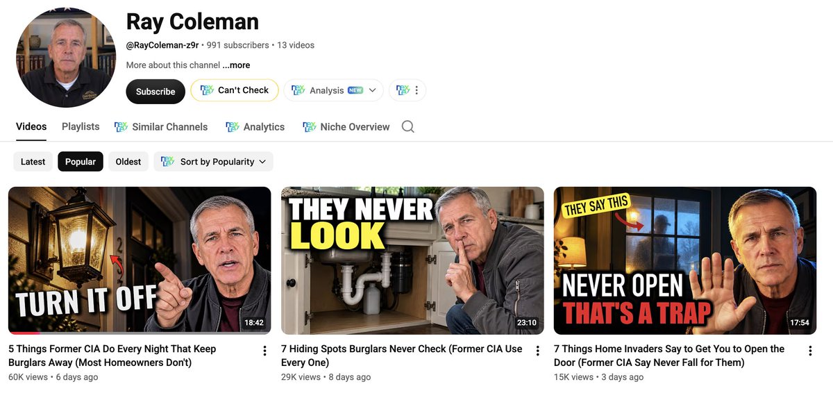 SubscribrAI's tweet photo. NICHE LEAK

Four channels are running the same two titles right now. The only thing that changes is who they claim to be.

Ray Coleman. 991 subs, 13 videos, 101,000 views. Five weeks old. No bio, no links, nothing.

"5 Things Former CIA Do Every Night That Keep Burglars Away" — 60,000 views. 7.7x his average.
"7 Hiding Spots Burglars Never Check (Former CIA Use Every One)" — 29,000.

Now look at what already existed.

Wes Tucker: "5 Things Retired Cops Do Every Night That Keep Burglars Away" — 482,000 views.
Sam Garrett: "25 Hiding Spots Burglars Never Check (Combat Veterans Use Every One)" — 245,000.
Curtis Hayes: a security guard with 31 years on the door.

Same sentences. Same brackets. Cops, then combat veterans, then a security guard, now the CIA.

Everyone keeps reaching for a bigger credential. Watch what it got them.

Retired cops: 482,000.
Combat veterans: 245,000.
Former CIA: 60,000.

The biggest badge lost to the smallest one by 8x.

Retired cop is a guy on your street who used to work nights. Former CIA is a movie. One of those feels like it's about your front door and the other feels like it's about someone else's life.

He also wrote "5 Things Former CIA Do." The grammar is broken. Nobody cared, it still did 7.7x.

Copy the sentence. Don't escalate the character. Closer beats bigger.

You can run the whole thing in Subscribr. Idea, script, thumbnail, avatar, finished video, every channel in one place.

Link in bio.