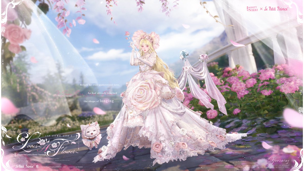 InfinityNikkiEN's tweet photo. ♾️ Whimsical Wardrobe | If Some One Loves a Flower
>> Main Attribute: Elegant

Here there were only three volcanoes, flowers that were born in the morning and faded by night, and a lonely Little Prince. The days came round again and again like the setting sun; but a rose cast her fragrance and her radiance over his life.

🌹 Outfit Ability
Where Longing Blooms: Longing from the depths of the heart becomes flowers, blooming one by one at her side. The wishes of those far away are folded into letters and carried home on paper planes, answering every hope.

🌹 Outfit Details
If Some One Loves a Flower can evolve into the following outfits: If Some One Loves a Flower: Yearning (Stage 1), If Some One Loves a Flower: Taming (Stage 2), and If Some One Loves a Flower: One of a Kind (Stage 3). Fully glow up the outfit to obtain If Some One Loves a Flower: Unripe.
>> Evolving the outfit to Stage 1 unlocks the pose Rose's Invitation.
>> Evolving the outfit to Stage 2 unlocks "Bloom Scent" for Framed Moment. You can also use Longing Heartchime: On His Planet on the [Clothing Evolution > Decoration: Radiance] screen to obtain the decoration On His Planet: Radiance.
>> Evolving the outfit to Stage 3 unlocks If Some One Longs for a Flower: Makeup, a new idle animation, poses, enhanced special effects, and alternative details for certain pieces.

🌹 Collab-Limited Resonance: A Story Dedicated to Children
➤ Event Duration
After the Version 2.10 update on September 23, 2026 – November 26, 2026, 12:49 (UTC-7)
➤ Resonance Rewards
Based on your number of Resonance attempts, you can earn rewards such as selectable makeup boxes, an Avatar Frame, and a Momo's Cloak. Upon reaching 160 Resonance attempts, you can claim the decoration On His Planet.
➤ Resonance Rules
During the event, use Cherished Roses, Revelation Crystals, or Limited-Time Revelation Crystals to resonate in "A Story Dedicated to Children." Every 10 Resonances guarantees a 4-star or higher piece, and every 20 Resonances guarantees a 5-star piece.
>> This Resonance event includes the "Ocean's Blessing" feature, allowing you to select 1 piece of the "If Some One Loves a Flower" outfit for the upcoming Resonances. Once selected, for the first 5 times you obtain a 5-star piece, it will be the one you chose. Ocean's Blessing can only be used once, so please choose carefully.
❖ Cherished Rose can only be used in the collab-limited Resonance event "A Story Dedicated to Children." Any unused Cherished Rose will automatically be converted into Resonite Crystals at a 1:1 ratio when Version 2.11 ends.

Note: Some makeup shown in the image is for reference only. The outfit's actual presentation may vary in the game.

——
➤ Infinity Nikki Version 2.10 The Feather of Justice launches globally on September 23 (UTC-7)!
➤ Download Now: https://t.co/soaPebzlY9
➤ Join us on Facebook Group: https://t.co/rabLOeX3ac
#InfinityNikki
#TheFeatherofJustice
