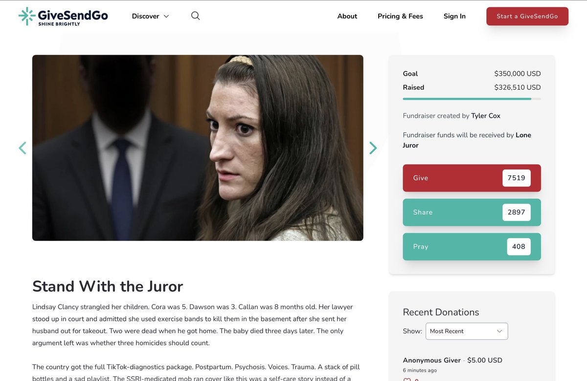 Milajoy's tweet photo. The GiveSendGo fund for the lone holdout juror is up to $326,000. https://t.co/5sie9s5gHm