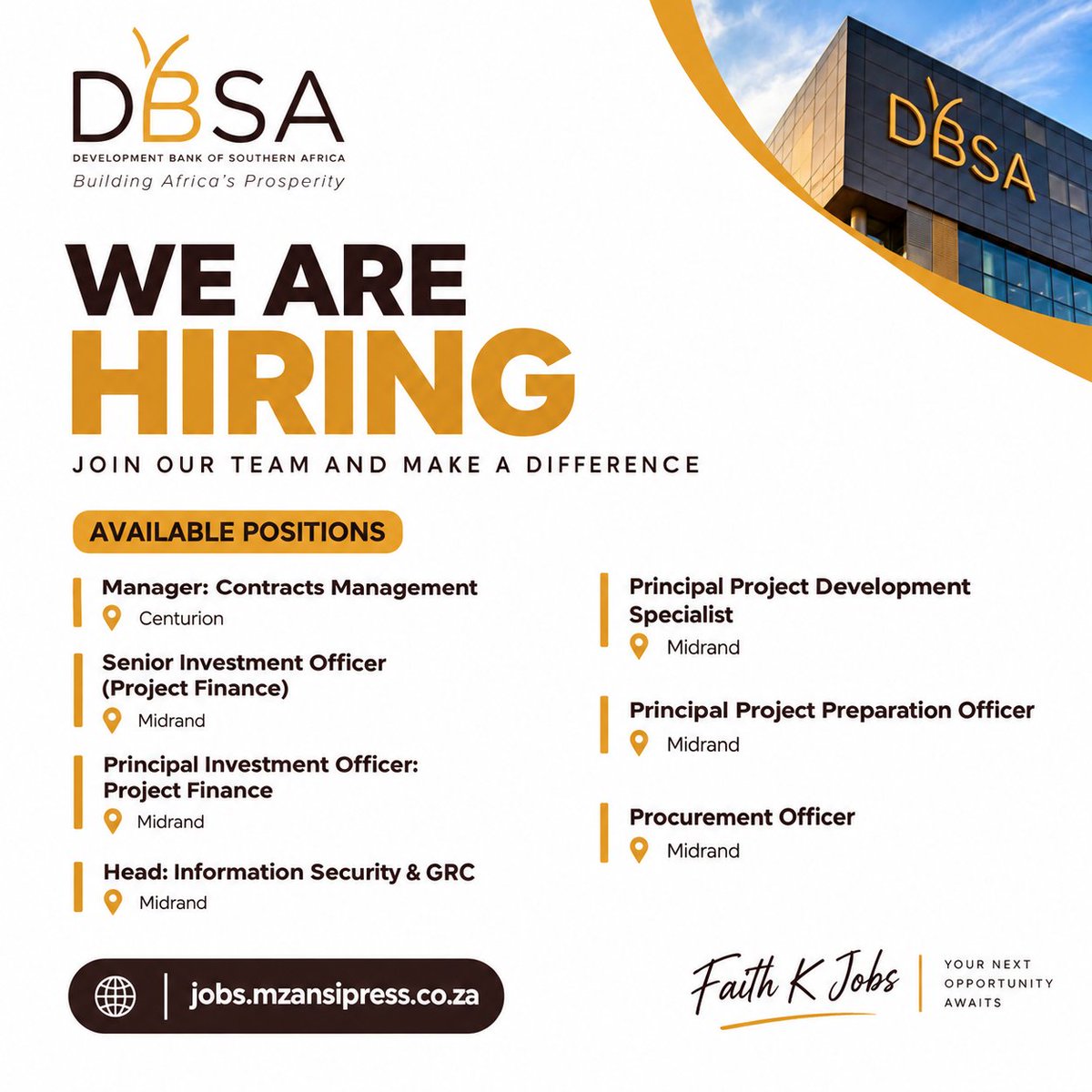 CarolBoitumelo1's tweet photo. 📌 Procurement Officer
📌 Manager: Contracts Management
📌 Senior Invesment Officer (Project Finance)
📌 Principal Investment Officer: Project Finance
📌 Head: Information Security & Grc
📌 Principal Project Development Specialist
📌 Principal Project Preparation Officer

Development Bank of South Africa - DBSA 

Apply Now: https://t.co/BkGdwU3TlT