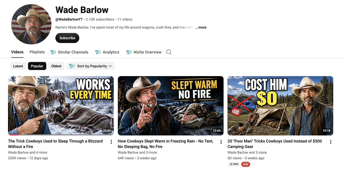 SubscribrAI's tweet photo. NICHE LEAK

He made the same video twice, nine days apart. The second one did 3.6x the first.

Wade Barlow. 2,130 subs, 11 videos, 303,000 views. Five weeks old. Old West and chuck wagon history.

Aug 29: "How Cowboys Slept Warm in Freezing Rain — No Tent, No Sleeping Bag, No Fire" — 64,000 views. 12 minutes long.

Sep 7: "The Trick Cowboys Used to Sleep Through a Blizzard Without a Fire" — 230,000 views. 23 minutes long. 8.3x his average.

Same topic. Same channel. Two changes.

The first title lists three things they didn't have. No tent, no sleeping bag, no fire. That's a spec sheet. You read it and you've basically got the gist.

The second title promises one thing they did have. "The Trick." Singular. You cannot get it without clicking.

Then he doubled the runtime. 12 minutes became 23.

Stop telling people what's missing. Tell them there's one thing they don't know.

His bio is doing work too. "No Hollywood, no gunfight fairy tales. Just the working side of the old West that nobody thought was worth filming at the time."

He positions against every cowboy channel that already exists. The credential is not that he was a cowboy. It's that everyone else is lying to you.

11 videos. Five weeks. A 27,000 view floor. No links, no product, pure AdSense.

You can run the whole thing in Subscribr. Idea, script, thumbnail, avatar, finished video, every channel in one place.

Link in bio.