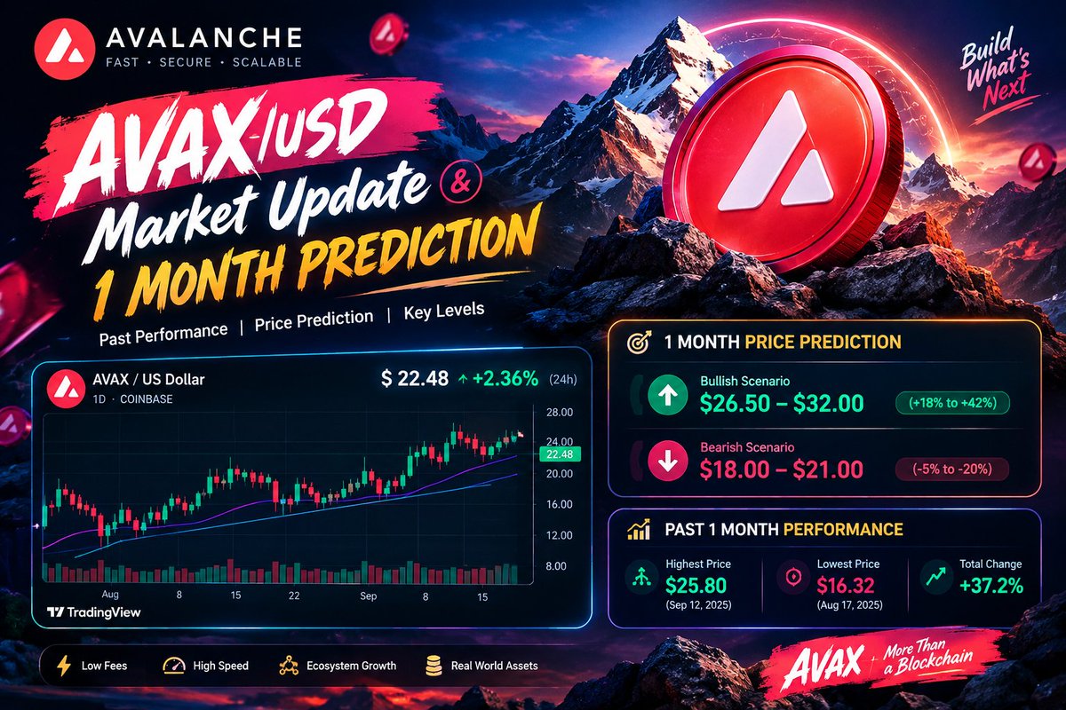 Blockchain81472's tweet photo. 🚀 AVAX/USD Market Update 🔺

📊 One-month performance + key levels
🎯 Watching the next major support & resistance zones
📈 Bullish & bearish scenarios mapped out
🔥 Volatility could create interesting opportunities ahead!
⚠️ Price predictions are scenarios, not guarantees. Always manage risk.
#AVAX #Avalanche #AVAXUSD #Crypto #CryptoMarket #Altcoins #Trading #CryptoTrading #TradingView #MarketUpdate #PricePrediction #Web3 #Deficit200GCCeuta