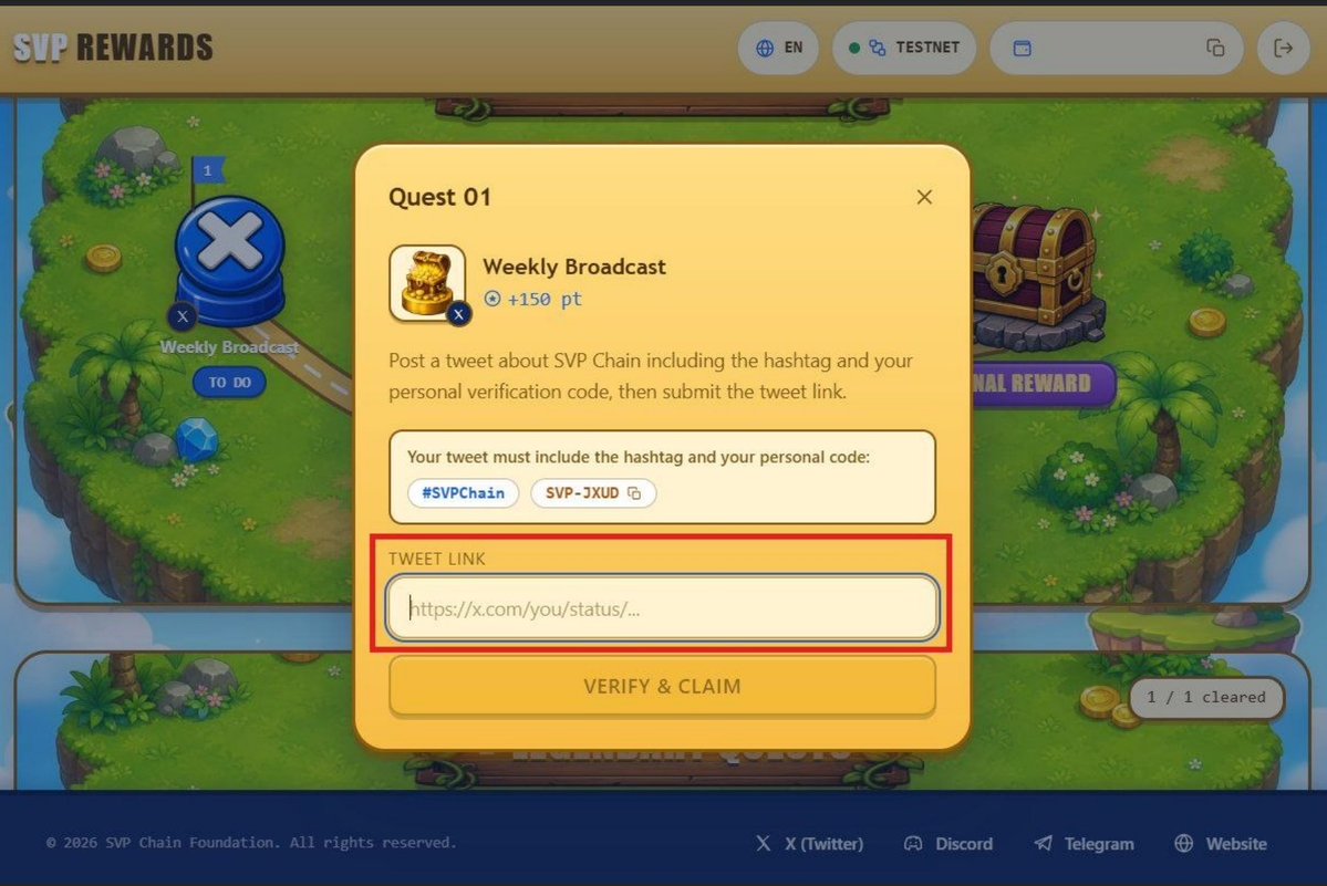 YuliaMorozbl's tweet photo. SVP Update, complete Weekly Broadcast quest

➖ Post tweet mentioning SVPChain + your code
➖ Copy your tweet link
➖ Submit the link on SVP Rewards
➖ Verify &amp; Claim 150 PTS https://t.co/zEDLcAVTFG
