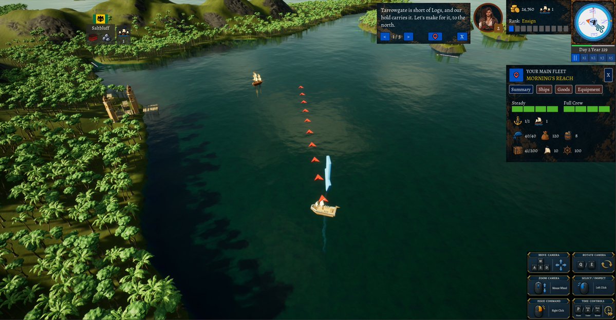 NytwolfGames's tweet photo. Bluetide: Fortune &amp; Infamy, an Age of Sail sandbox. Still very much a WIP. 
The First Mate says Tarrowgate is short of Logs, and our hold carries some. Would you take the advice and sail for profit? 
#screenshotsaturday #indiedev https://t.co/OBXjB0oclF