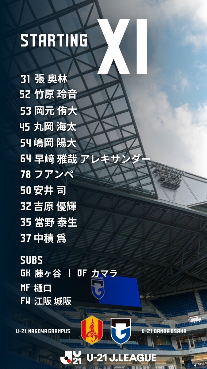 GAMBA_OFFICIAL's tweet photo. 🔵𝗦𝗧𝗔𝗥𝗧𝗜𝗡𝗚 𝗟𝗜𝗡𝗘-𝗨𝗣⚫️

🏆2026/27 U-21 Jリーグ 東西リーグラウンド WEST 第3節
🆚U-21 名古屋グランパス
🗓️9/19（土）
⏰18:00
🏟️トヨタスポーツセンター第2グラウンド

試合を観るなら▶️@DAZN_JPN
登録は▶️https://t.co/KFRTssDQOA

#U21ガンバ大阪
#ガンバ大阪 #GAMBAOSAKA https://t.co/BDPOfNuC56