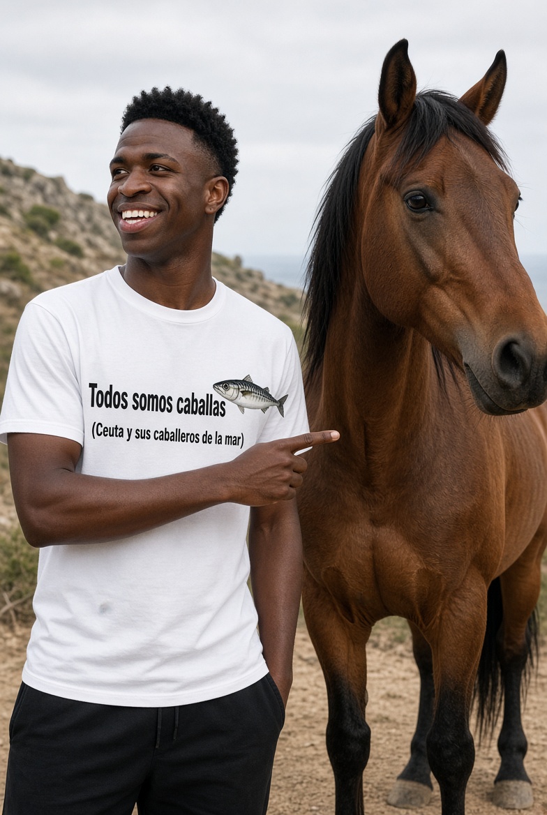 DS8ight's tweet photo. Celebrities 19/09/2026: El jugador del Real Madrid Vinicius Jr. se ha enfundado por fin la camiseta de apoyo a las caballas. "me encantan as caballas, pur fin he cumprendido ou message". Será titular en el derbi del metropolitano donde arrastrará sus nuevos gluteos de gomaespuma. https://t.co/pToX3SZ8H5